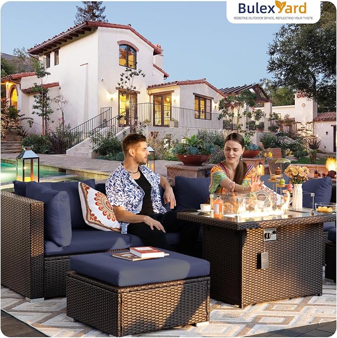 BULEXYARD 9 Pcs High Back Outdoor Sectional Set with Firepit Table, Luxury Patio Furniture Seating Set, Oversized Wide Deep Modular 8-Seater Couch Sofa for Backyard, Brown Wicker & Navy Blue Cushion