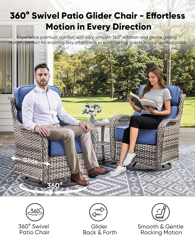 HUMMUH 7 Pieces Wicker Patio Furniture Set with Patio Swivel Chairs Set of 4,High Back Outdoor Sofa Ottomans,6 Inch Thick Cushions Outdoor Conversation Set for Porch, Balcony, Deck