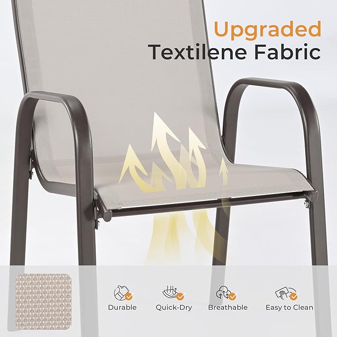HAPPATIO Outdoor Patio Dining Set, 6 Quick Dry Textilene Dining Chairs and Dining Table with Umbrella Hole, Stackable Textilene Chairs for Garden, Patio and Poolside Backyard, Grey