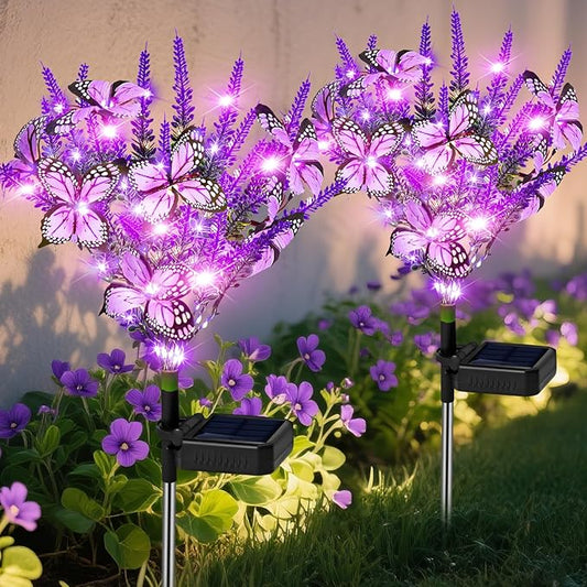 NBQQ Solar Garden Lights Outdoor 2 Pack Lavender Butterfly Lights, Solar Artificial Flower Outdoor Waterproof Decoration Gardening Gifts for Women, Yard Patio Pathway Lawn Courtyard Decoration