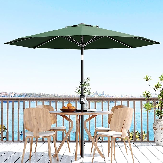 Garvee 9/10 FT Solar Patio Umbrella with 32 LED Lights - Outdoor Table Umbrella with Crank Lift, Push Button Tilt and 8 Sturdy Ribs - Market Umbrella UV Protection for Pool, Deck, Yard, Garden