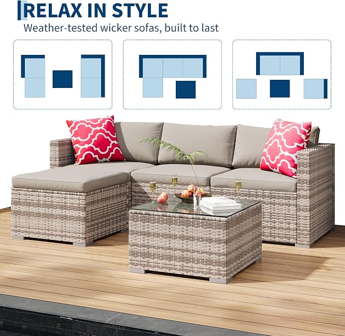 5-Piece Outdoor Sectional Sofa Set, All-Weather PE Rattan Patio Furniture with Ottoman & Tempered Glass Table, Convertible Garden Couch for Backyard, Porch, Poolside (Gray)