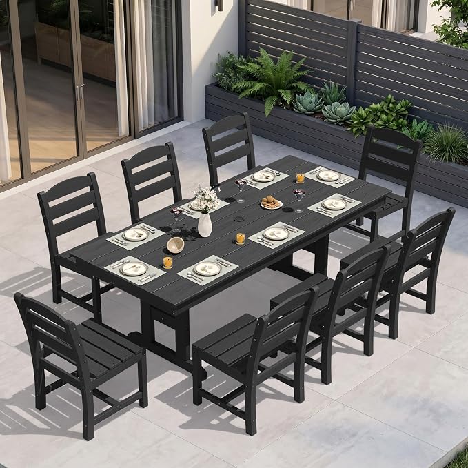 KINGYES 8-Seat Outdoor Patio Dining Set,84 inch HDPE Rectangular Table and Chairs Set，Waterproof Furniture Set with Umbrella Hole for Backyard,Black