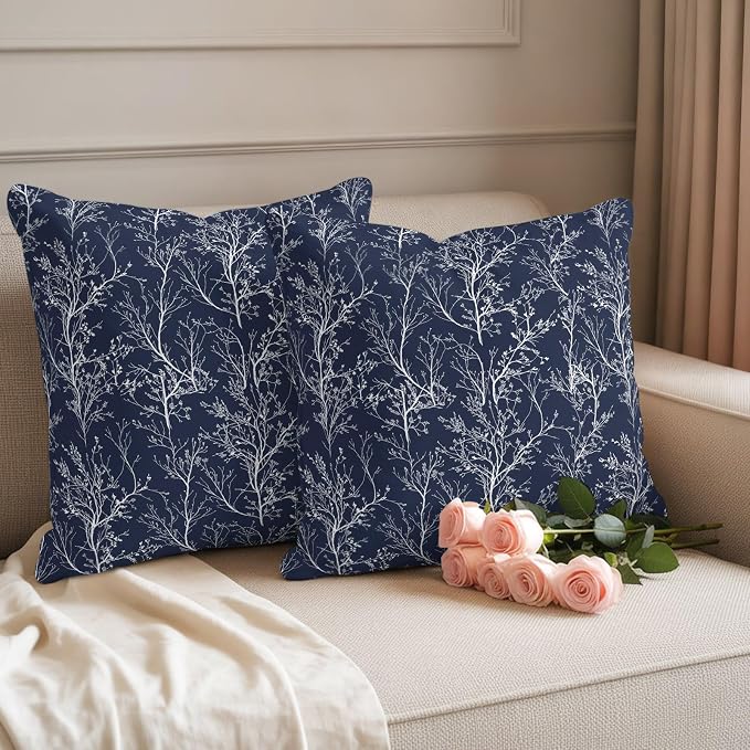 Navy Blue Branches Waterproof Outdoor Pillow Covers Set of 2 Home Decor, Abstract Art Leaves Plant Pillowcase Patio Pillow Covers for Couch Bench Patio Furniture Garden 18x18in