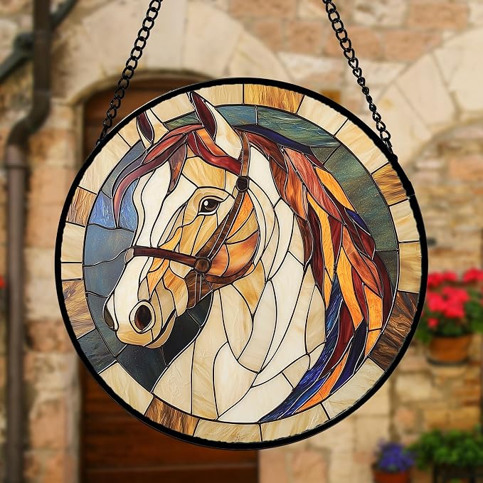 DASTOLL Stained Glass Window Hanging, Animal Horse Colored Mane Sun Catchers Glass Panel Cool Suncatcher Decor for Birthday for Women, Men, Wife, Aunt, and Mom 9.8 in