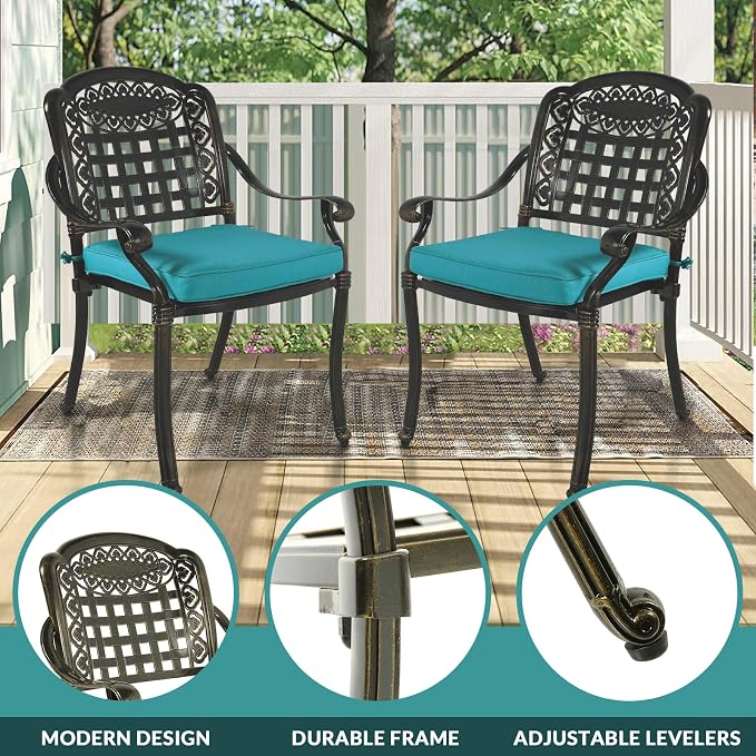 MEETWARM 9-Piece Outdoor Furniture Dining Set for 8, All Weather Cast Aluminum Patio Dining Set- Large 64" Square Table with Umbrella Hole, 8 Cushioned Chairs, Patio Table and Chairs Set, Ocean Blue