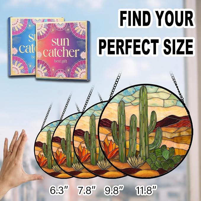 Birthday Gifts for Women - Desert Cactus Faux Stained Glass Window Hanging Sun Catcher for Door Garden Acrylic Home Decor Mother's Day Christmas for Mom Nana Friend Grandma Wife 9.8"