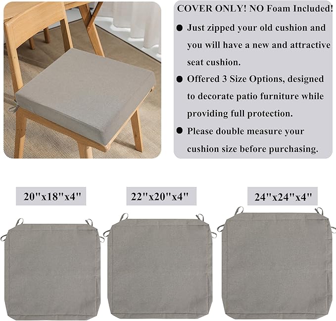 FUNHOME 2 Pack Outdoor Cushion Slipcovers 24" x 24" x 4", No Insert! Water-Resistant Patio Chair Seat Cushion Covers with Zipper and Tie, Replacement Cover Only(Beige Coffee)