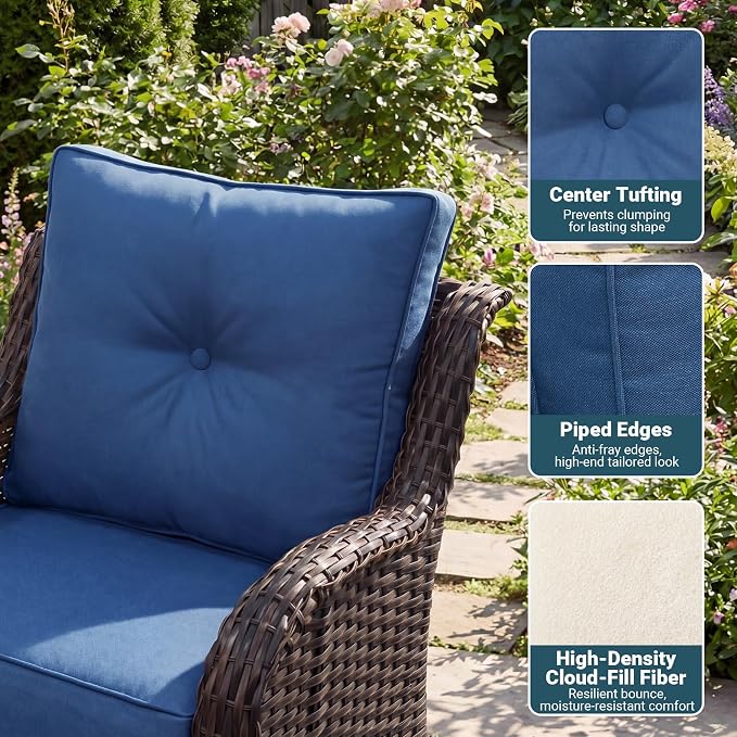 Patio Furniture Set, 3PCS Outdoor Wicker Conversation Set Porch Furniture with 6" Thick Cushions, High Back Swivel Chairs, Weather Resistant Olefin Fabric for Garden, Poolside, Navy Blue