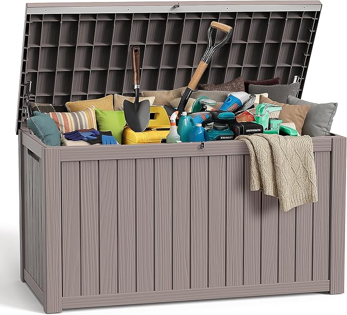 PatioZen 280 Gallon Large Deck Box,Resin Outdoor Storage Box with Lockable for Patio Furniture, Pool Accessories, Garden Tools Waterproof Outside Storage Box, Grey