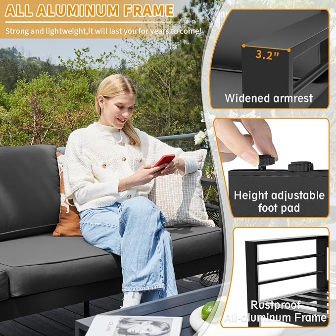 Aluminum Patio Set, 3-Seat Outdoor Furniture Set with 5 Inch Cushions, Patio Furniture Sets with Waterproof Covers for Backyard Garden(Grey)