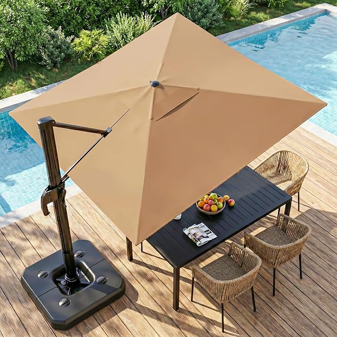 LAUSAINT HOME 9ft Square Cantilever Patio Umbrella, Outdoor Offset Hanging Umbrella with 360° Rotation & Aluminum Pole for Backyard, Pool, Lawn, Deck, Khaki