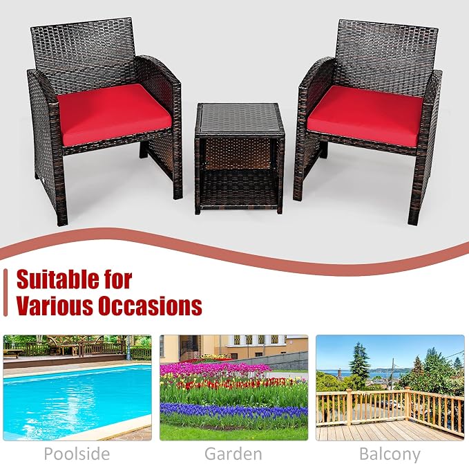 Tangkula 3-Piece Outdoor PE Rattan Furniture Set, Patio Conversation Set w/Chair & Storage Coffee Table, Detachable Cushion, Stable X-Shaped Frame, Perfect for Garden, Backyard, Poolside (Red)