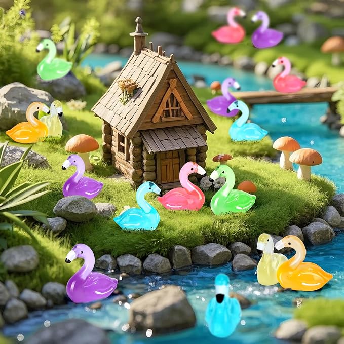 32pcs Luminous Large Mini Resin Flamingo Ducks 8 Colors Glow in The Dark Tiny Small Little Resin Flamingo to Hide Plastic Animal Figures for Micro Fairy Garden Landscape Dollhouse Aquarium Decorations