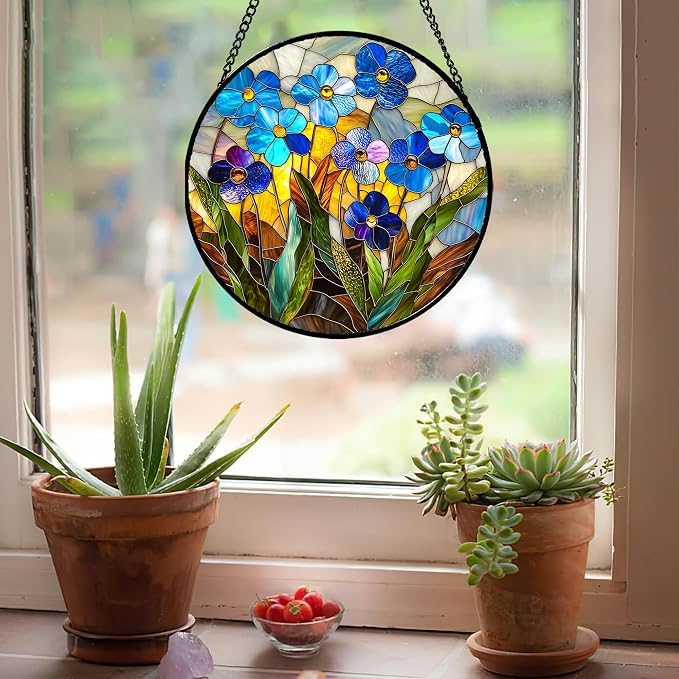 Stained Glass Window Hanging - Blue Wildflower Plant Flowers Sun Catcher for Door Garden Home Decor Suncatcher Christmas Mother's Day Birthday Gifts for Women Men Mom Nana 7.8 in