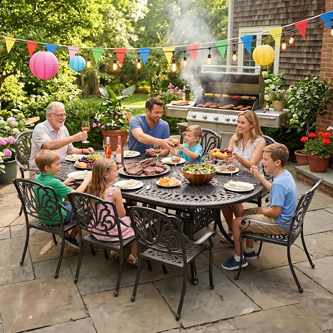 VIVIJASON 9-Piece Patio Furniture Dining Set, All-Weather Cast Aluminum Outdoor Conversation Set, Include 8 Chairs and an Oval Table with Umbrella Hole for Balcony Lawn Garden Backyard
