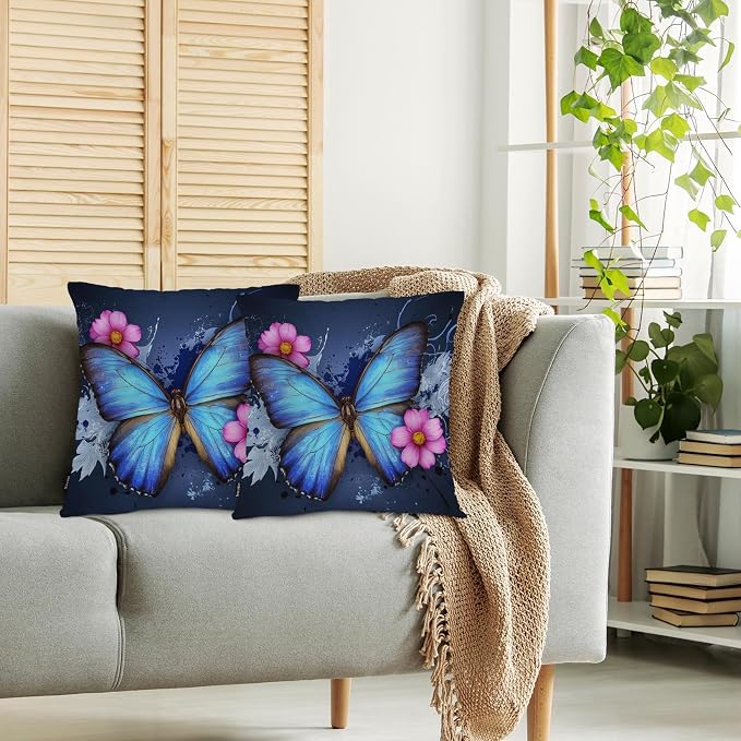 Swono Butterfly Farmhouse Throw Pillow Covers, Wild Butterflies Rose Flowers Maple Set of 2 Cushion Case Pillow Cover for Bed Sofa Couch, Blue Square Throw Pillowcases for Men Women 18x18 Inch