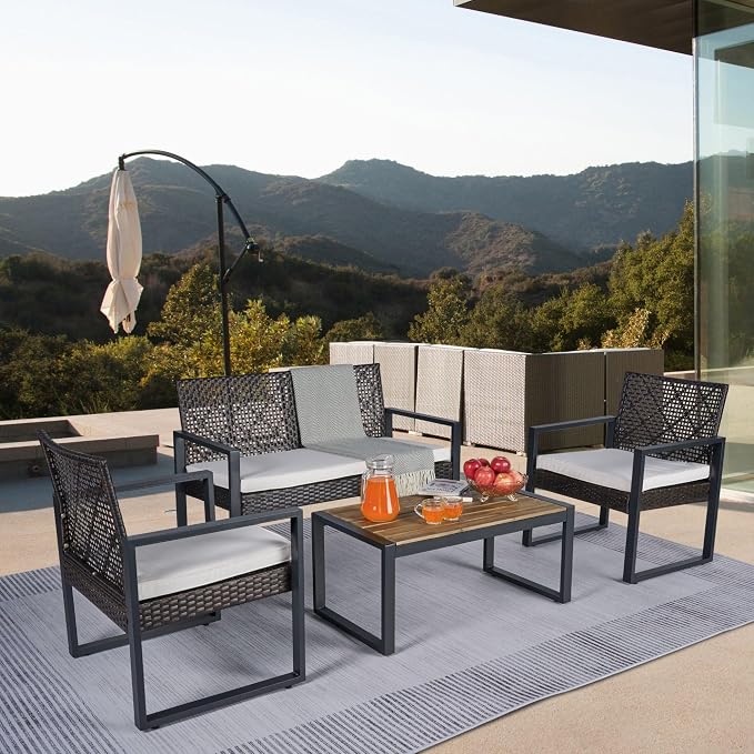 4 Piece Patio Furniture Set, Wicker Rattan Outdoor Furniture with Cushion, Patio Conversation Sets with Chairs Loveseat and Coffee Table for Outdoor, Porch, Yard, Poolside, Balcony, Lawn (Brown)