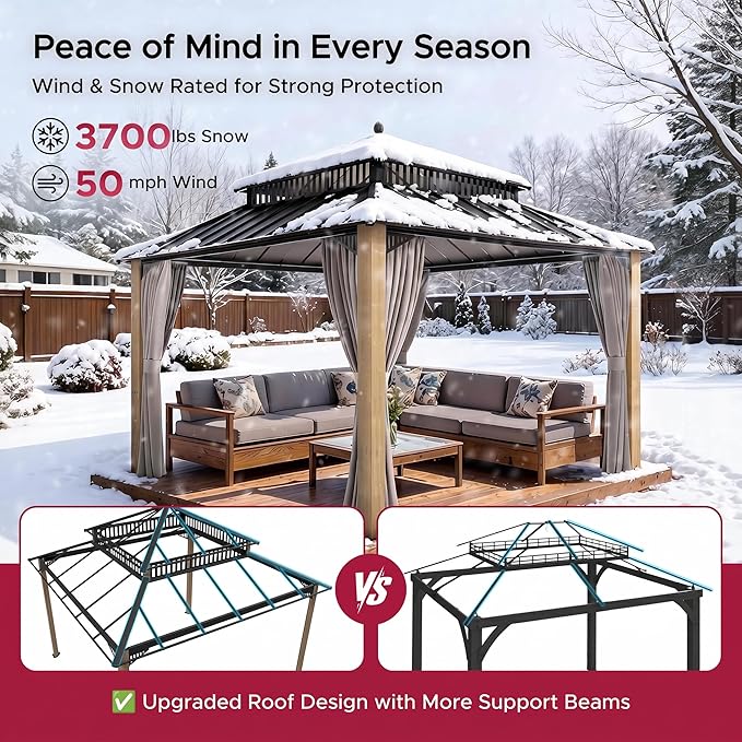 SUNJOY Kingston 12' x 12' Hardtop Wood Gazebo with Galvanized Steel Double Roof, Curtain and Netting, Cedar Posts Permanent Pavilion Gazebo for Garden, Patio, Deck, Lawn