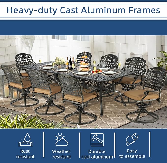 9-Piece Patio Cast Aluminum Dining Set, Outdoor Table and Chairs Set for 8, Includes 94.5" Rectangular Dining Table and 8 Swivel Rocker Chairs with Umbrella Hole for Lawn Garden, Tan