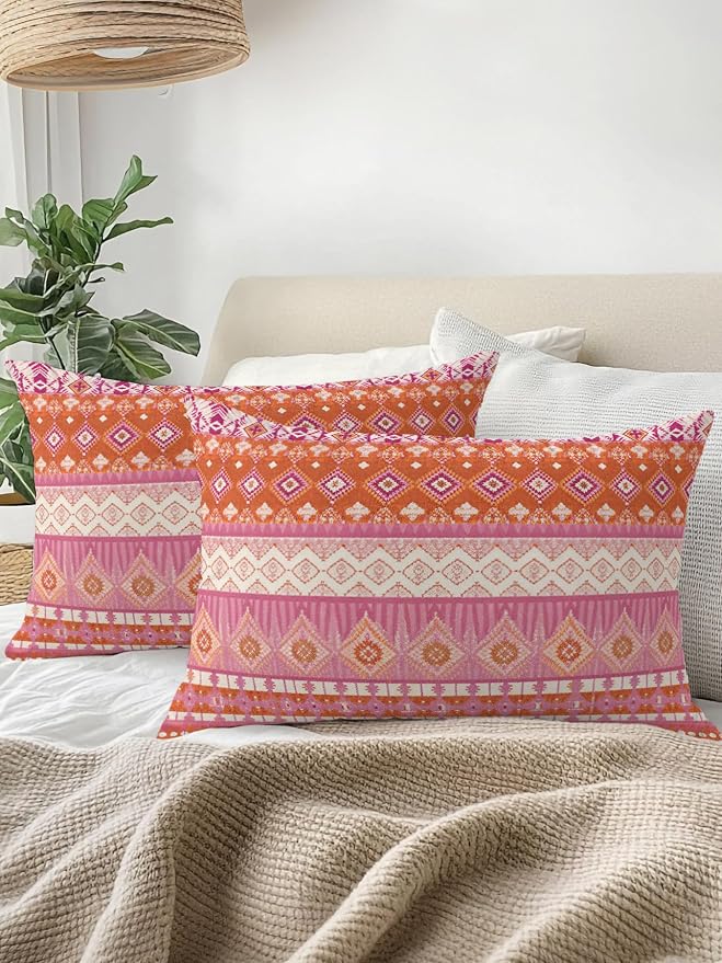 Waterproof Outdoor Pillow 1 Pack Red Bohemian Decorative Throw Pillows Cover & Insert 20x12 Inch Lumbar Pillowcase Boho Style Floral Leaves Geometric Pillows for Couch Sofa Bed Patio Furniture