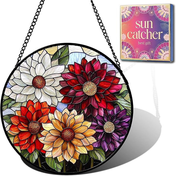 Birthday Gifts for Women - Colorful Flowers Faux Stained Glass Window Hanging Sun Catcher for Door Garden Acrylic Decor Mother's Day Christmas for Mom Nana Grandma Sisters Wife 11.8"