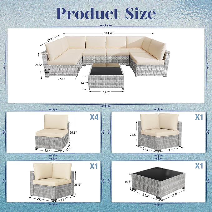 KIGOTY 7-Piece Patio Furniture Set, All-Weather PE Rattan Outdoor Sectional Sofa, Modular Wicker Conversation Set with Thick Cushions & Easy-Clean Coffee Table（Grey White/Grey）