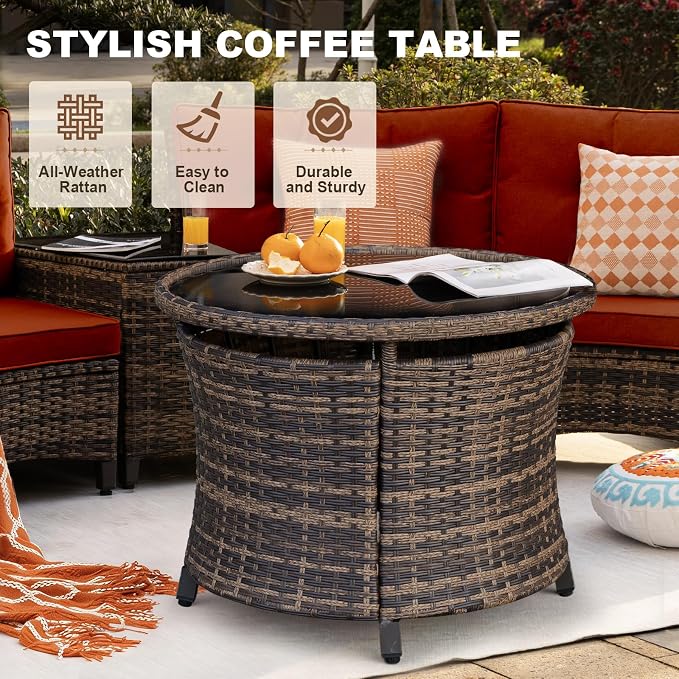 MEISSALIVVE 11-Piece Half-Moon Curved Outdoor Patio Furniture Set, Sectional Conversation Sofa with Wood Armrests, Coffee & Side Tables for Backyard Deck Garden, Red