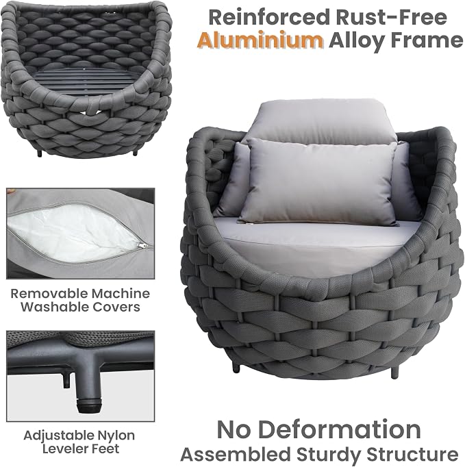 5 Pieces Balcony Seating Set: Aluminum Woven Rope Patio Chair Furniture Set - All Weather Metal Outdoor Conversation Set - Assembled Armchair with Table for Bistro Deck Porch Apartment Hotel