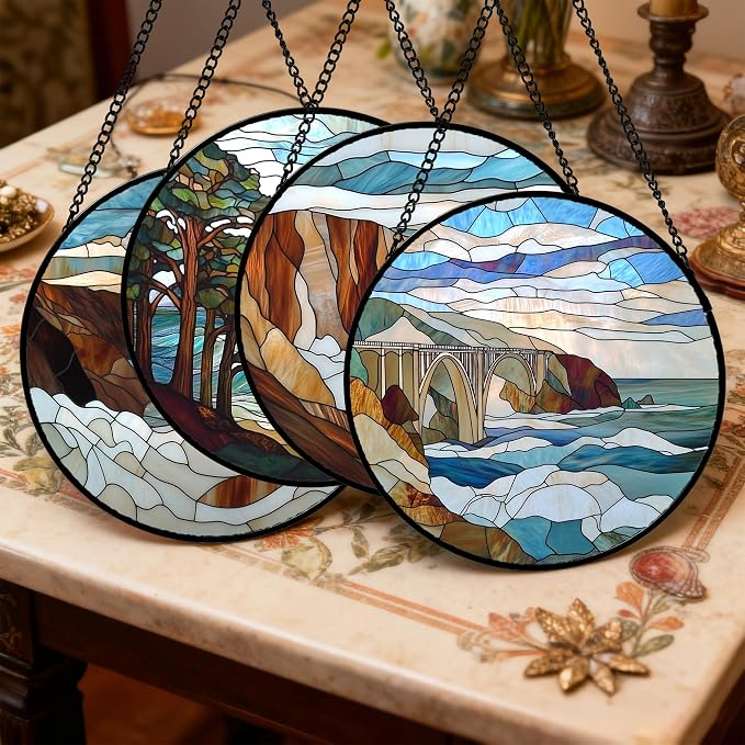 DASTOLL Stained Glass Window Hanging 4 Pcs Set Ocean Waves 6.3" - Blue and White Sea Suncatcher Door Garden Sun Catcher Decor Birthday Christmas for Mom Woman Nana Men
