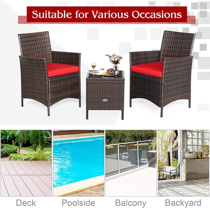 COSTWAY 3 Pieces Patio Rattan Furniture Set, Outdoor Wicker Cushioned Sofa with Tempered Glass Tabletop, Rattan Conversation Set for Porch Yard Balcony Backyard Pool, Red