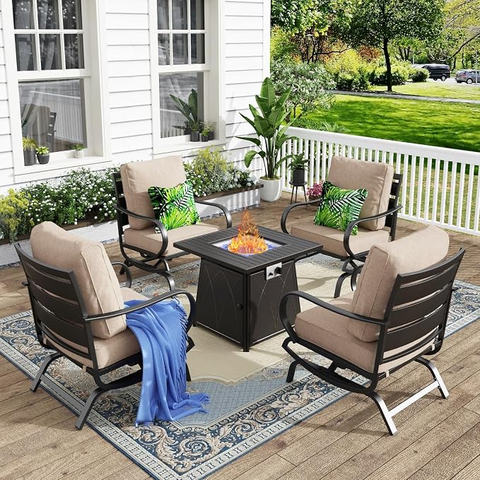 MFSTUDIO 5 Pieces Patio Conversation Sets, Outdoor Metal Furniture Sofas with 1 x 28 50,000 BTU Square Propane Fire Table and 4 x Wrought Iron Frame Rocking Chairs with Beige Cushion