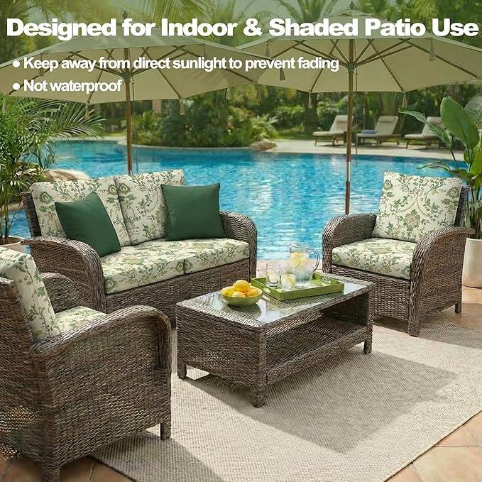 CALBODE 8 Pcs Stretch Outdoor Seat Cushion Covers, Washable Chair Seat Cover for Patio Furniture Cushions Soft Indoor and Outdoor Couch Cover Replacement (Green Vines, Cover Only)