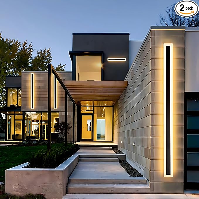2Pack 23.6inch Long Outdoor Modern LED Wall Light,18W Waterproof IP65 Warm White 110V led Wall Mount Lighting Fixture Rectangular Black Wall Lights Elegant Frosted White Acrylic Anti Rust