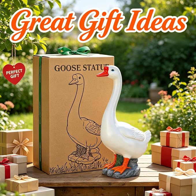 Large Porch Goose Statue 20 Inch, Resin Front Porch Goose Decor, Geese Decor Lawn and Garden Statue for Patio, Balcony,Yard Decorations, Housewarming Birthday Gifts,White