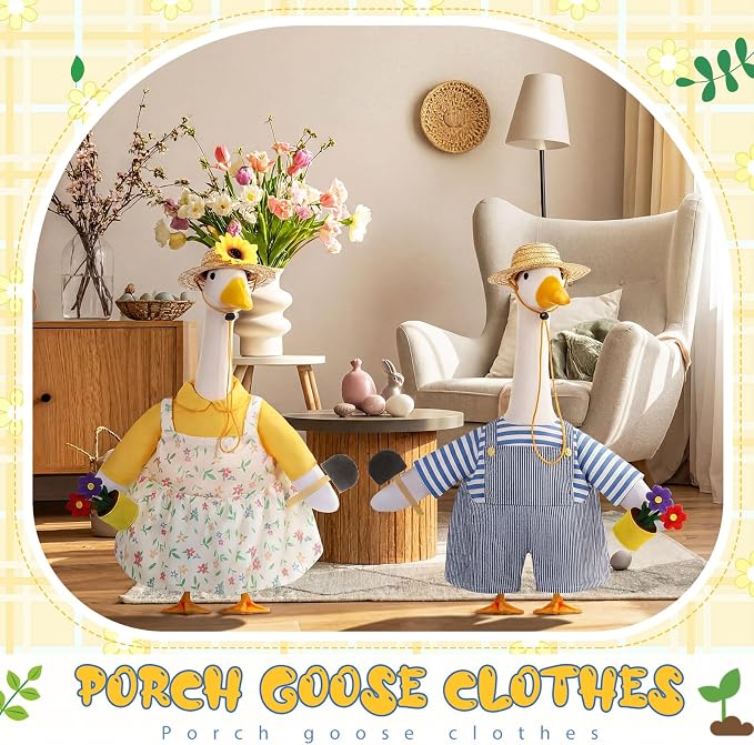 FuWeave 2 Set Porch Goose Outfit Spring Gardener Goose Clothes with Small Flower Pot for 23" Cement Outdoor Patio Yard Decor (Sunflower)
