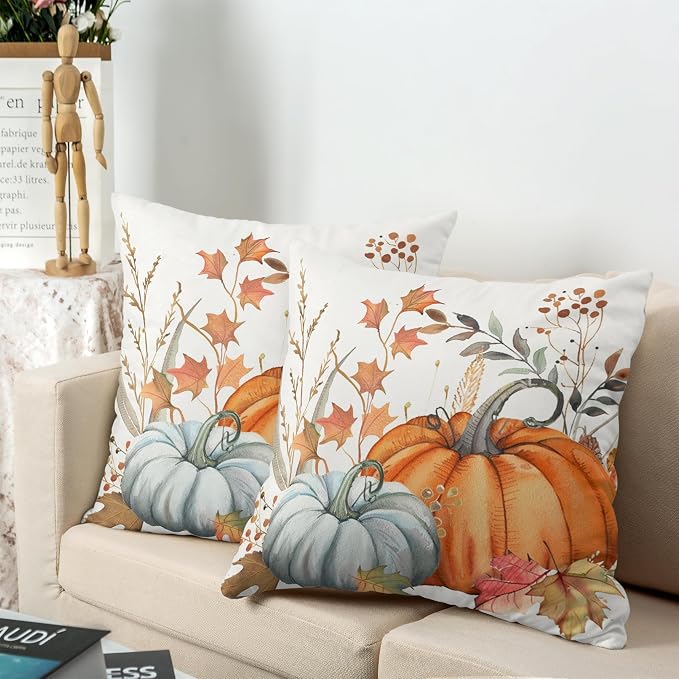 Fall Pumpkin Pillow Covers Maple Leaves Throw Pillow Covers Autumn Decorative Cushion Case 20x20 for Farmhouse Living Room Couch Patio Set of 2