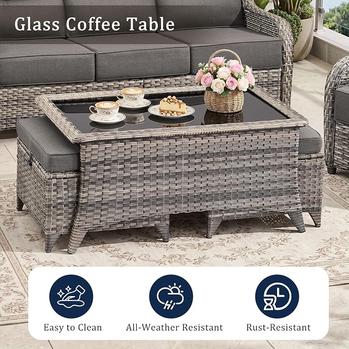 Luxury 6" Thick Cushion 11 Pieces Wicker Patio Furniture Set with High Back Swivel Rocker Chairs of 4, Outdoor Conversation Set with Patio Couch for Deck Porch Yard and Poolside