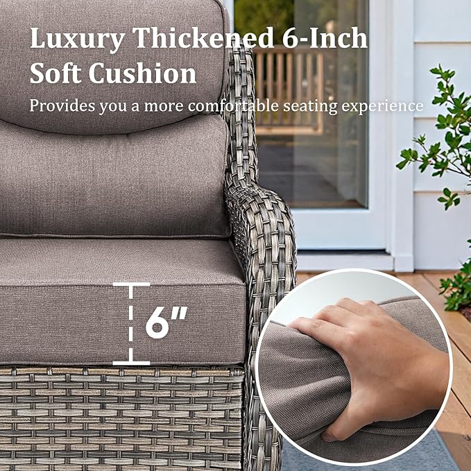 Luxury High Back Patio Furniture Set with 6-Inch Thick Cushions, 4-Pieces Outdoor Furniture with Swivel Chairs, Wicker Conversation Set for Porch, Balcony, Deck and Yard, Grey