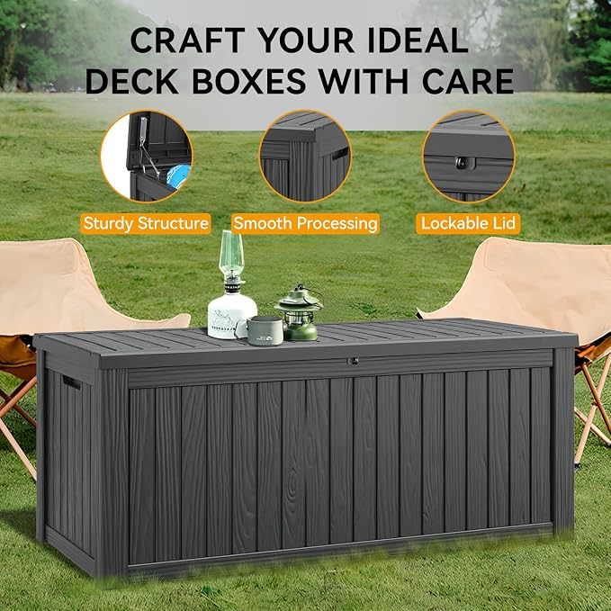 KAMABOKO Outdoor Storage Box, 230 Gallon Large Outdoor Resin Deck Box, Storage Waterproof Boxes Lockable Lid for Garden Tools, Pool Supplies, Patio Furniture and Cushions, Black