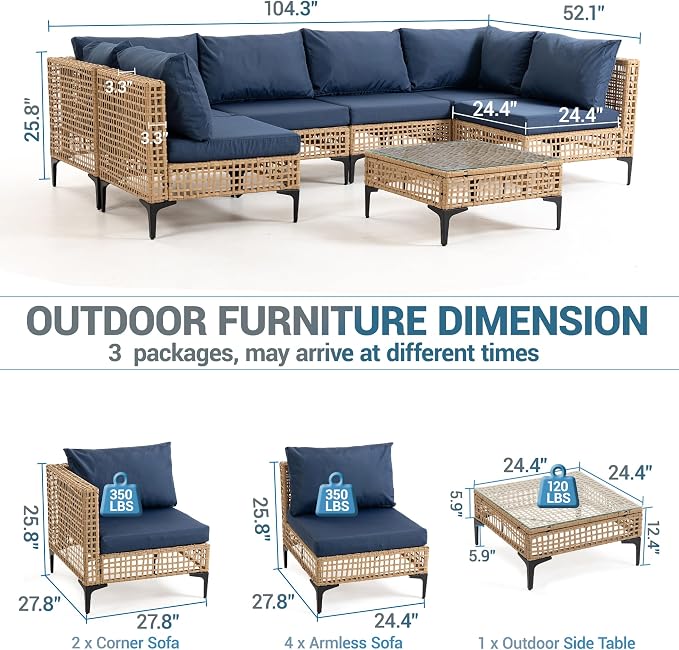 7-Piece Patio Furniture Set, All Weather Wicker Outdoor Sectional Conversation Sofa w/Thick Cushions & Glass Table for Lawn Poolside Backyard Porch, Blue