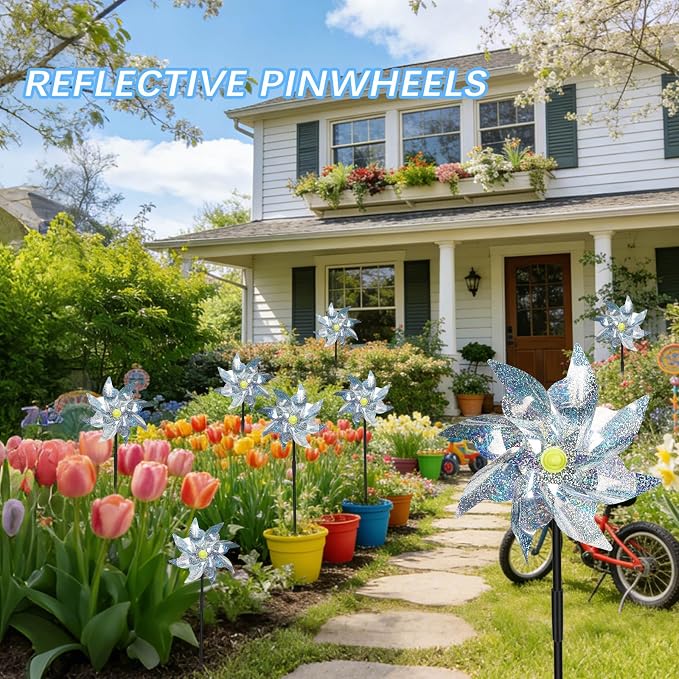 6 Pack Reflective Pinwheels for Yard and Garden,Scare Birds Away for Garden Decor,Bird Scare Devices Deterrent to Scare Birds,Keep Birds Away (Assembly Required)