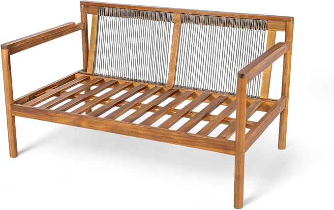 Christopher Knight Home Vorms 4-Piece Acacia Wood Patio Furniture Set with Rope Backrest, Patio Conversation Chat Set for Backyard Balcony, Outdoor 4-Seater Seating Group with Coffee Table, Teak+Cream