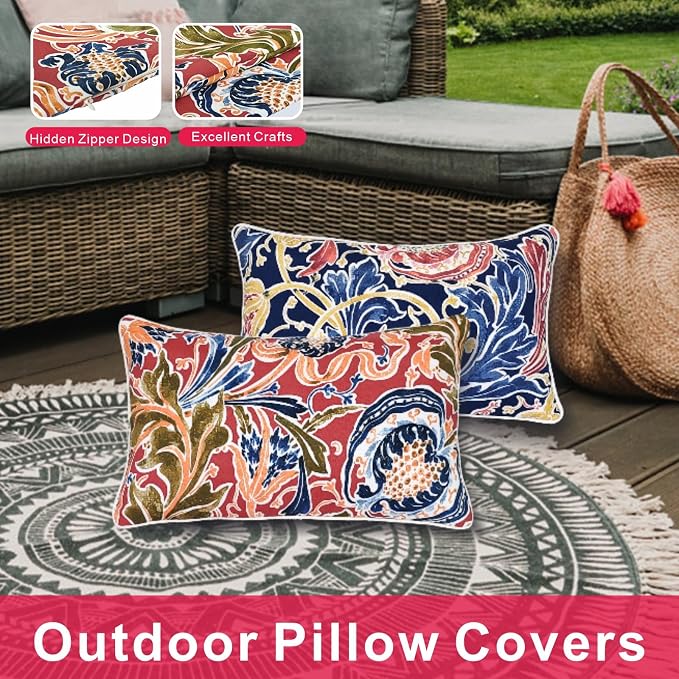 JMGBird Red Outdoor Pillows Covers Outdoor Throw Pillowcases | 12x20 Outdoor Pillow Covers with 2 Color Combinations Waterproof Outdoor Pillows for furniture
