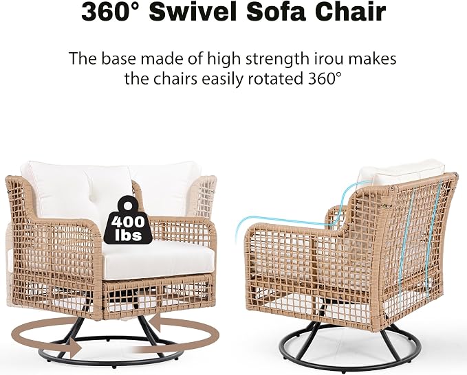 JIVOIT 4 Pieces Patio Furniture Set, Rattan Outdoor Conversation Set with 1 3-Seater Sofa, 2 360°Swivel Rocking Chair and 1 Solid Wood Tabletop Coffee Table for Poolside Backyard Deck (Beige/264)