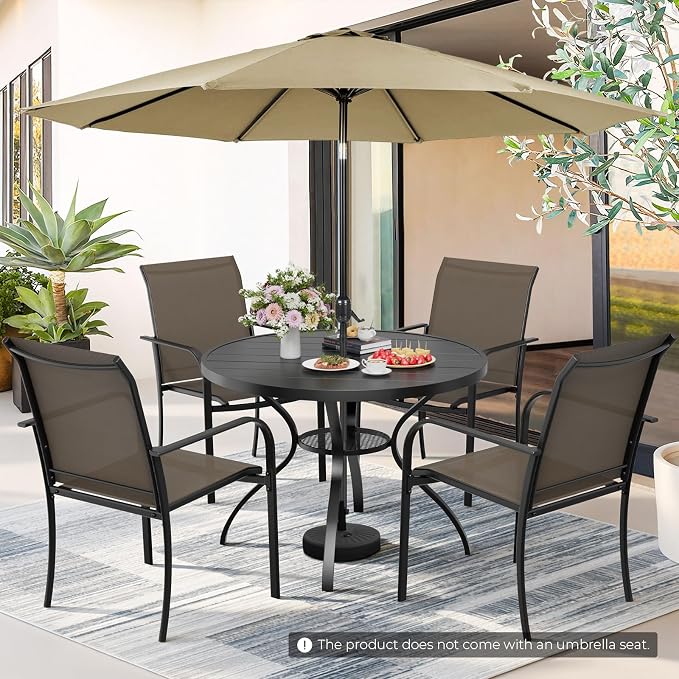 Incbruce 6 PCS Patio Dining Set with Brown Umbrella, Outdoor Dining Set of 4 Textilene Chairs and 41" Round Table with Umbrella Hole for Backyard, Garden, and Poolside (Brown)