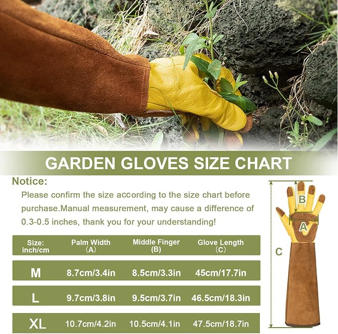 WOHEER Long Gardening Gloves for Women Thorn Proof,Rose Pruning Cowhide Leather Garden Glove for Cactus, Rose and Blackberry