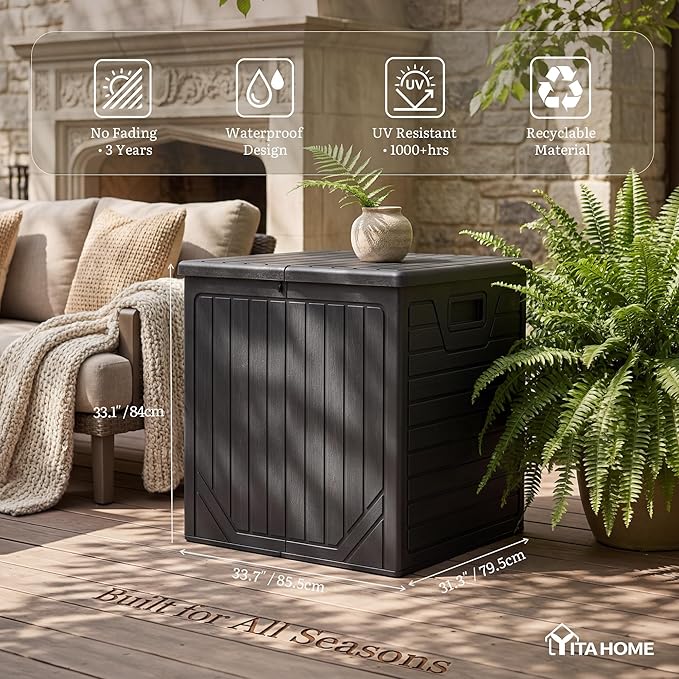 YITAHOME 150 Gallon Large Outdoor Deck Box, Lockable Resin Double-Wall Storage Box and Waterproof Patio Furniture Bin for Garden Tools & Pool Accessories, Black