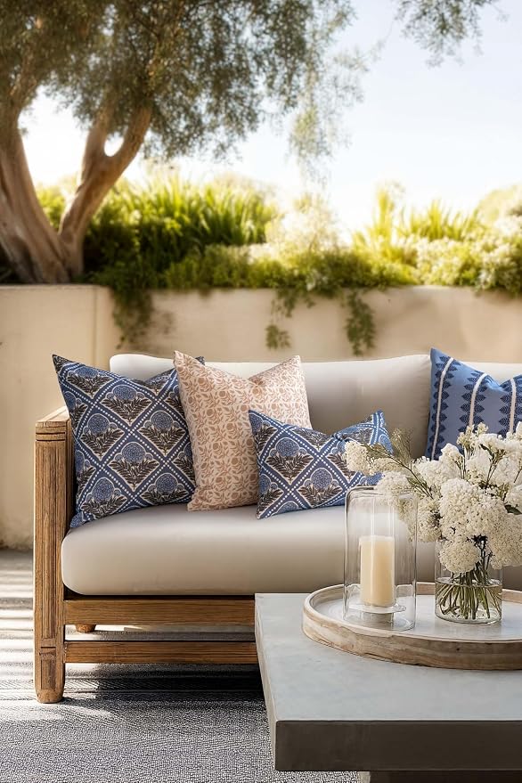 California Casual Coastal Indoor Outdoor Lumbar Pillow Cover, 12"x20" Water Repellent for Patio, Backyard, Couch, Azure Light Blue Block Print Vintage Hydrangea Flowers