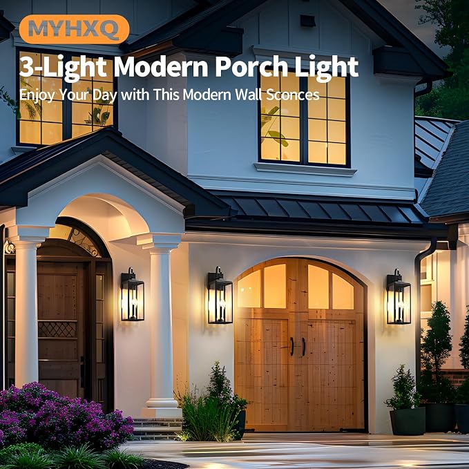24" Extra Large Outdoor Wall Light 2 Packs, Exterior Lighting Fixtures | Black Outdoor Porch Lantern Wall Mounted, Waterproof Modern Outside Wall Sconce, E12 3-Light Coach Lamp for House Garage